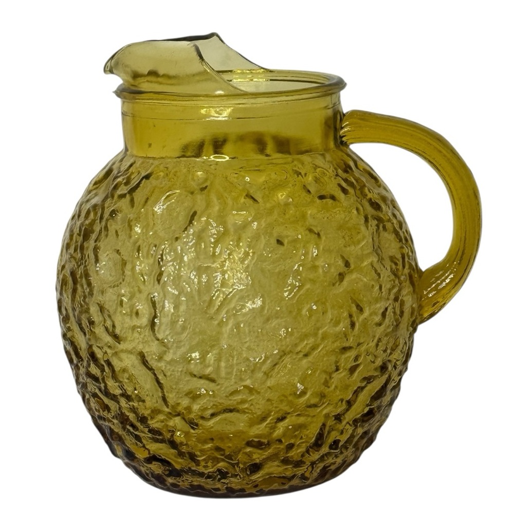 Vintage MCM Anchor Hocking Lido Milano Crinkle Glass Amber Pitcher‎ Ice Lip